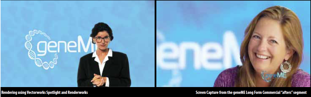 Left, Rendering using Vectorworks Spotlight and Renderworks; Right, Screen Capture from the geneME Long Form Commercial “afters” segment