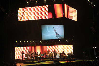 Video screens provide visual immersion at the XS Pool Club at Wynn Encore in Las Vegas.