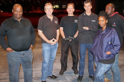 L-R: Aubrey Ndaba, Muthiyane Trading cc; Dave Whitehouse, DWR Distribution; Simon King, State Theatre; Duncan Riley, DWR Distribution; Mpho Serunye and Lordwick Muthavhatsindi of Muthiyane Trading