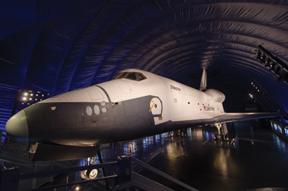 Space Shuttle Display on USS Intrepid Lit by Focus Lighting Using Gear from Times Square Lighting, photo by Juan Pablo Lira