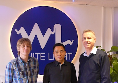 (L-R) White Light Sales Manager Andrew Stringer, PR Lighting's Cui Lin, and White Light Sales Director Peter Threadgold at White Light offices in London