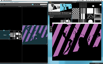 » The images depict the author using MadMapper and its companion app, Mad KinnectMasker. Here, Vickie Claiborne is using a Kinnect camera with her computer, applying a graphics loop to the mask created by the KinnectMasker app.