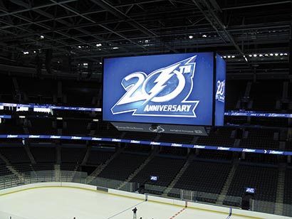 The two largest screens at the Tampa Bay Times Forum for the Tampa Bay Lightning hockey team each measure 28 by 50 feet.