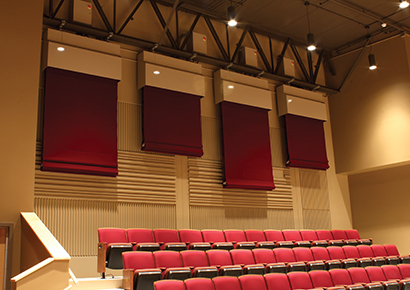 Anderson University Installs Daktronics Acoustical Banner Hoist System; there are 15 banners in all at the university's York Performance Hall.