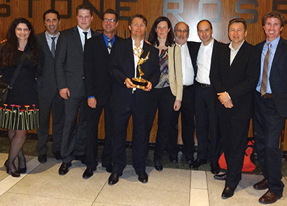 Riedel Communications won a Sports Emmy Award for its work on the Red Bull Stratos project. Pictured from left: Karin Bock-Leitert, Scott Gillies, Matthias Leister, Jay Nemeth, Scott Bradfield, Jacqueline Voss, Phil Olsman, Thomas Riedel, Werner Eksler, Charlie Rosene