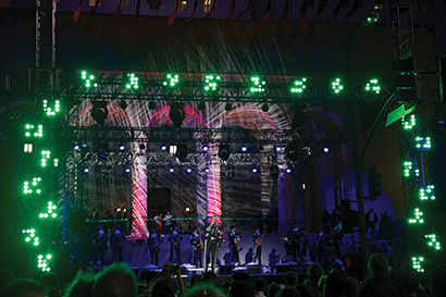 Photo by Gary Leonard. The Celebrate LA 2013 Block Party, lit by Kinetic Lighting, lauded LA’s outgoing mayor, Antonio Villaraigosa, and former president Bill Clinton.