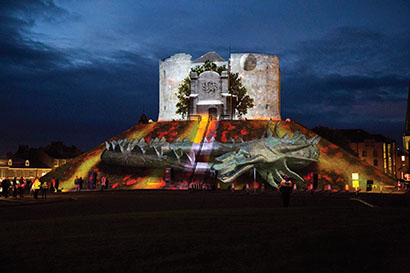 Projection artist Ross Ashton from The Projection Studio in London once again teamed up with sound artist Karen Monid to produce a third son et lumière, dubbed Triquetra in the historical city of York, UK, for the 2013 Illuminating York Festival of Art. The projections spanned a 75-by-25-meter (width by height) area