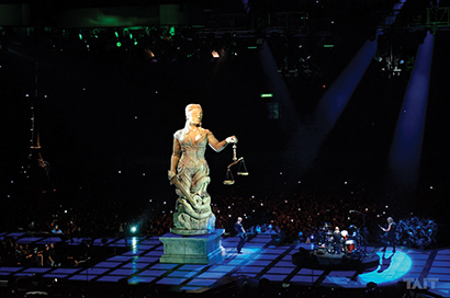 Crumbling Lady Justice and other live concert gags are preserved on the film. Image courtesy of Tait.