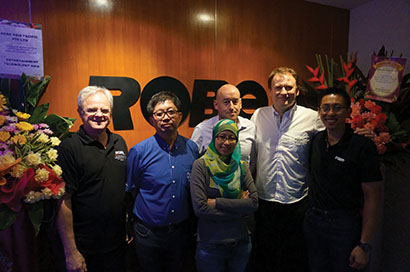 From left, Harry von den Stemmen (Sales Director, Robe Lighting s.r.o.); Edwwerth Lai (Sales Director, Robe Asia Pacific); Dhora Shukor (Office Manager, Robe Asia Pacific), John Saunders (Director, Anolis); Josef Valchar (CEO, Robe Lighting s.r.o.) and Desmond Kwan (Technical Operations Director, Robe Asia Pacific).