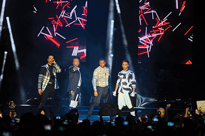 The farewell tour for U.K. pop band JLS featured a lighting design by LD Dave “Bickie” Lee. He used 28 of Robe’s new Pointe fixtures. Photo by David Morrell