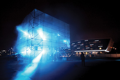 1024 Architecture, a design company specializing in projection-mapped artworks led by founders Pierre Schneider and François Wunschel, is incorporating Clay Paky’s Sharpy fixtures as part of a pop-up 4D scaffold and light sculpture dubbed “Hyper-Cube,” a.k.a. Tesseract