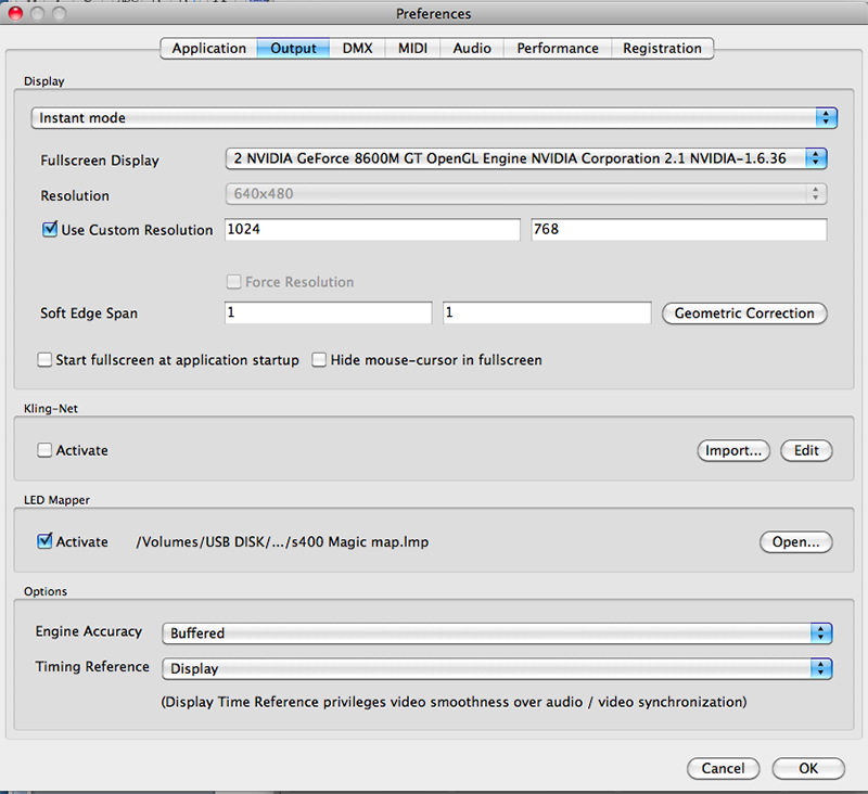 Fig. 1-A: To receive Art-Net for controlling video, you need to assign the Art-Net universe and DMX starting channel in the ArKaos program’s preferences box.