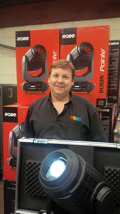 Colour Sound Experiment has invested in nearly 100 new Robe lighting fixtures for its upcoming summer season including 60 multi-purpose Robe Robin Pointe luminaires. Pictured here is Colour Sound’s Haydn Cruickshank with one of his new Robe fixtures.