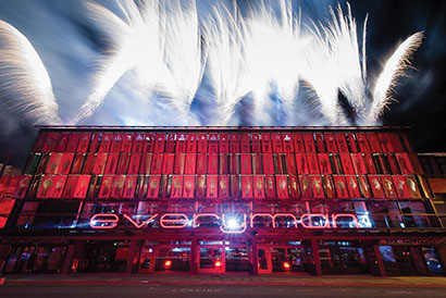 Everyman Theatre reopened after a massive $47 million refurbishment with a 20-minute lighting and pyro display supported by dbn. Photo by Pete Carr.