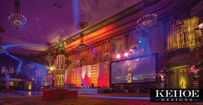 Kehoe Designs used Clay Paky B-EYE K20s and Sharpys for a party staged by the San Francisco Travel Association at the Grand Ballroom of the Palmer House Hotel in Chicago.