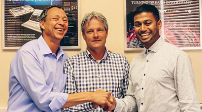 Pictured here, center, is Fairlight's Michel Arntz, flanked by Avolites' Steve Warren (L) and Koy Neminathan (R).