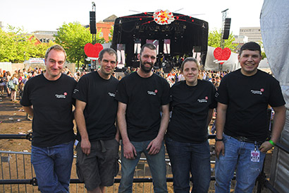 Bristol, U.K.'s Love Saves the Day Festival Gets Fineline Support. Pictured here, from left, are Fineline crew members Rob Sangwell, Stu England, Wingnut, Rachael Moule and Josh King. All photos by Louise Stickland