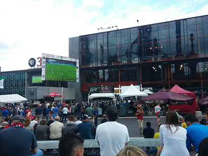 Upstage Video provided LED screens for 20 separate World Cup viewing parties in the U.S. Pictured here, the gathering at SteelStacks in Bethlehem, PA.