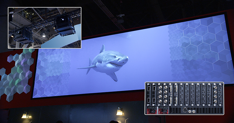 This 4K blend, presented at InfoComm 2014, used E2 and two Barco HDQ-4K35 projectors.