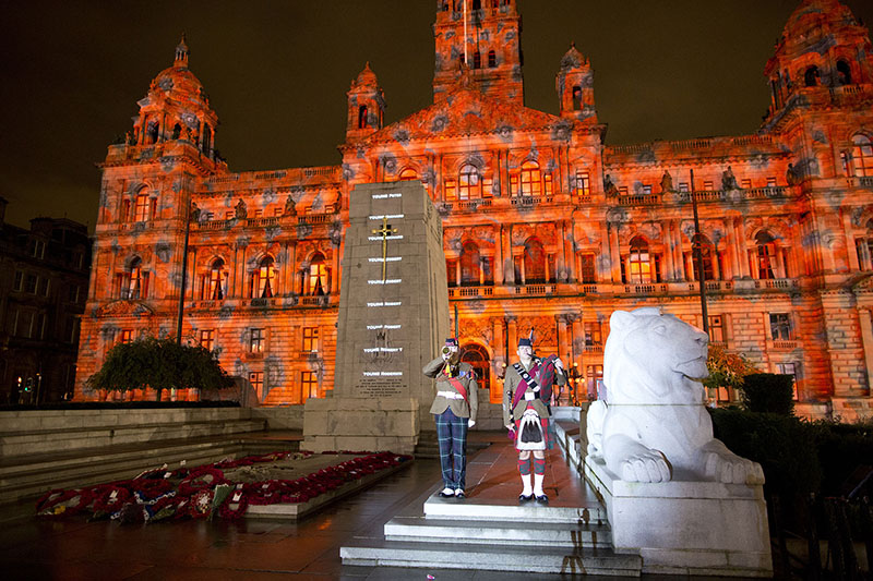 Glasgow City Council commissioned The Projection Studio's Ross Ashton and Karen Monid to create a new large-format video projection show, “Glasgow’s War,” on the front of their City Chambers building to commemorate the centenary of the First World War.