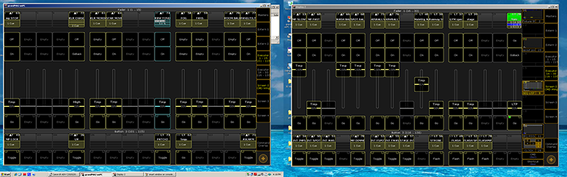 The author notes that this screen shot is an example of how she typically structures a free form show. The playback faders for effects ands chases are set up to be easily overlaid on top of a main cue stack that consists of basic positions, colors and patterns.