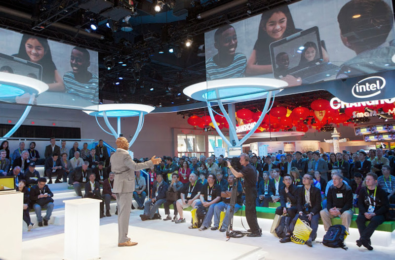 WorldStage supplies AV to hero screen, projection screens, and LED cloud trees for the Intel Booth at CES 2015