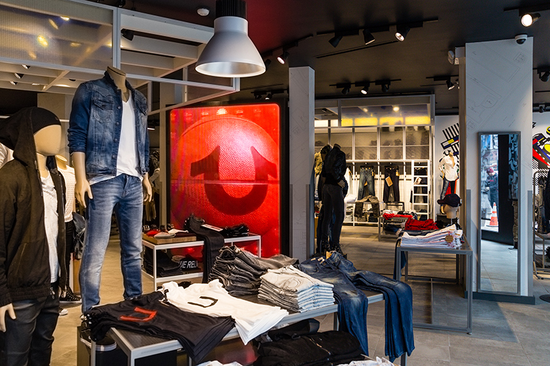 Custom PixelFLEX FLEXDisplay LED video stands at top True Religion stores (c) JZocco NYC