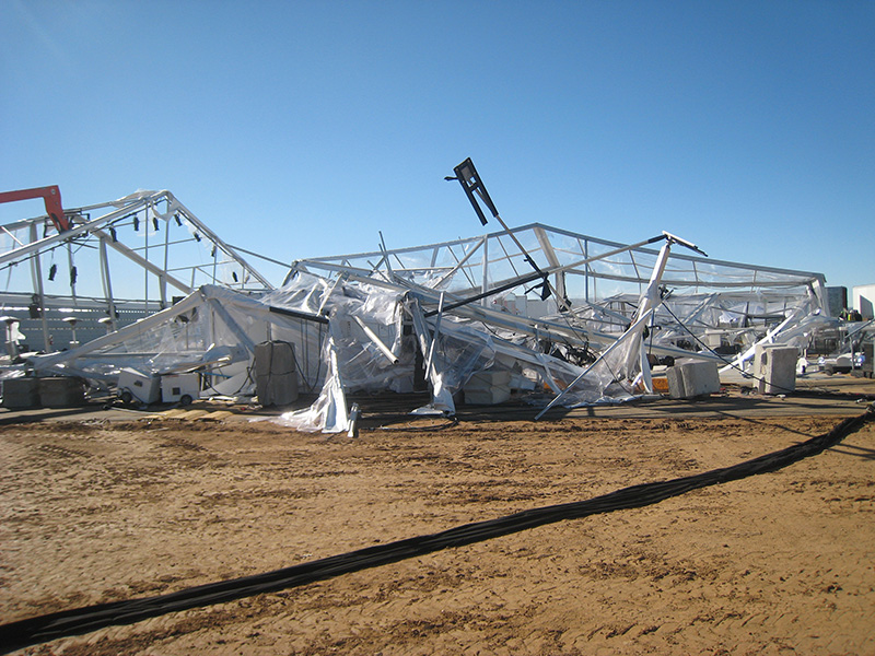 Having a weather emergency plan in place helped the author and others evacuate this Mojave Desert gig before gale force winds brought the structure crashing down.