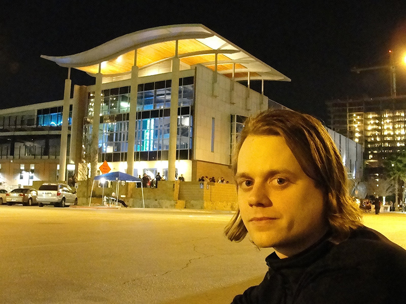 LD Max McDougall lit Steve Aoki’s Neon Future Experience tour. He’s pictured outside the Austin Music Hall in Austin, TX where the tour started on Feb. 13, 2015. Photo by Debi Moen