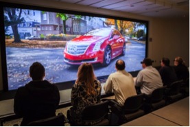 The 240-sq-ft powerwall using Christie projectors for 2D and 3D viewing at the automotive manufacturer’s Vehicle Engineering Center