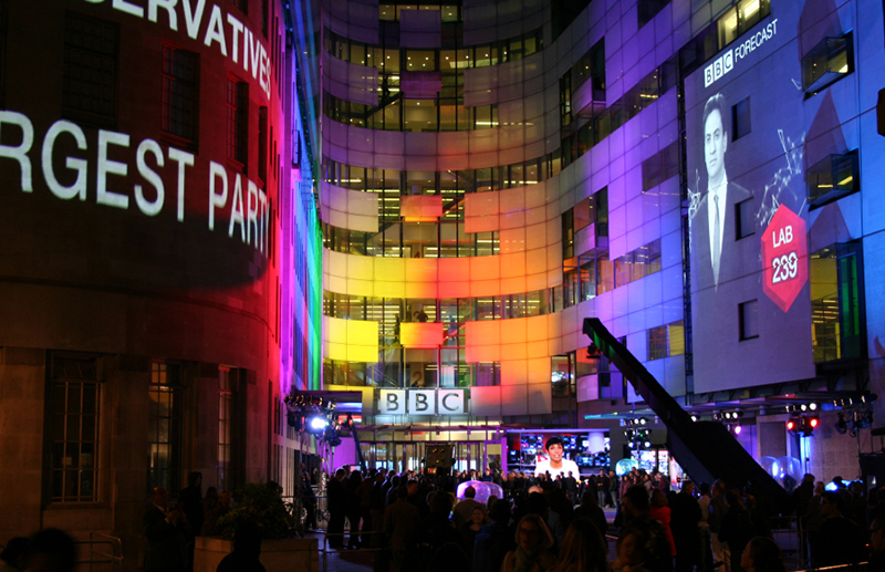 London Broadcasting House is used as the canvas for CT to display the General Election exit poll results