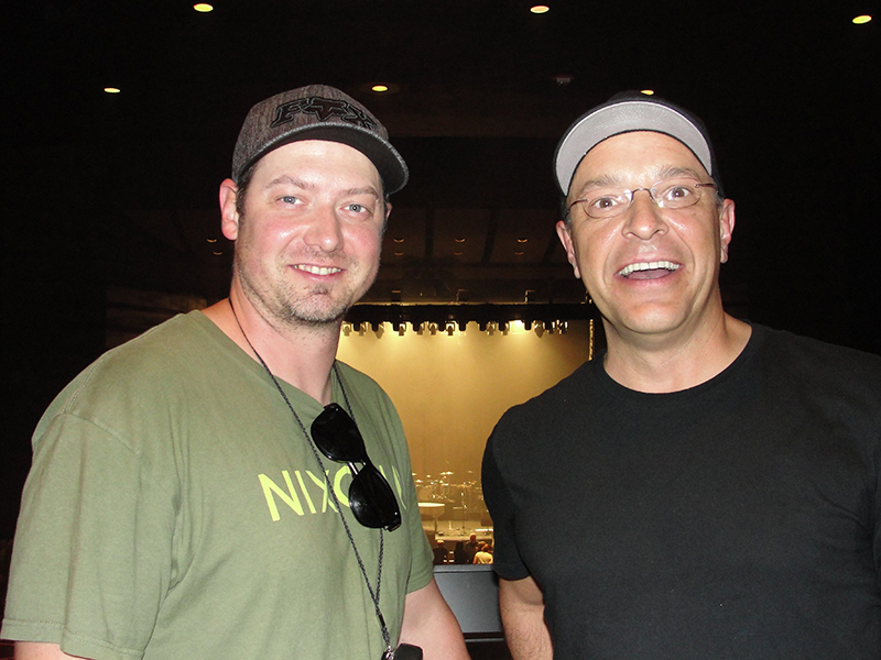 From left, Brian Wilson’s production manager Clint Boire and LD Chris Stuba at Bass Concert Hall in Austin, TX on the tour’s opening night. Photo by Debi Moen