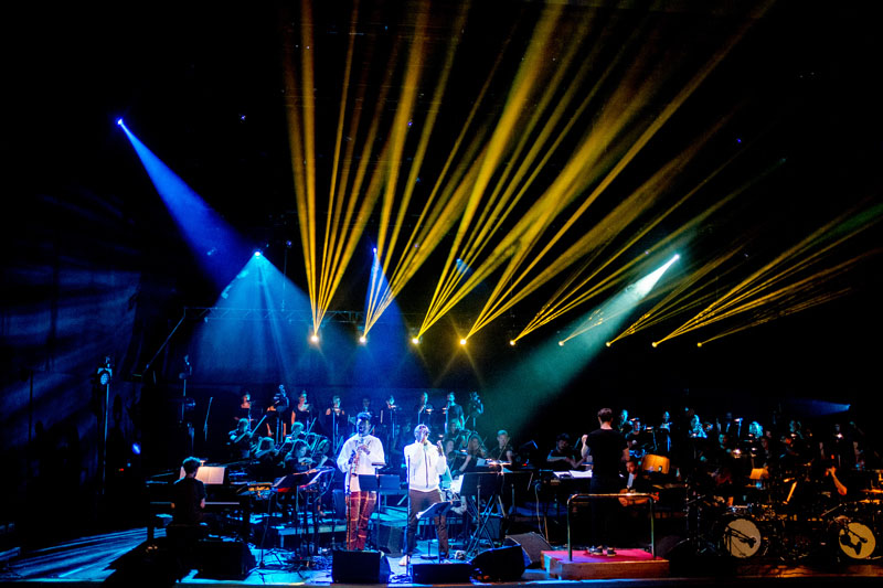 On July 22-23, 2015, British electronic musician Goldie and the Heritage Orchestra performed Goldie's 1995 album, Timeless, at the Royal Festival Hall in London. LD Richard Godin lit the event with gear provided by White Light. Photo by Chelone Wolf