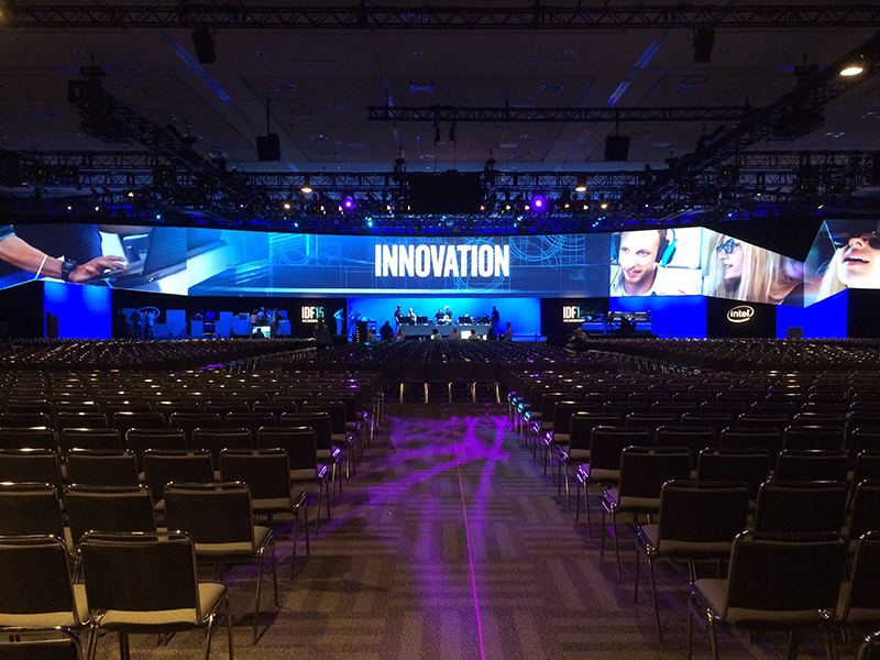 or the annual Intel Developer Forum (IDF 2015), WorldStage worked with John Halloran Associates (JHA), providing extensive AV support for the IDF’s keynote and Mega Sessions in the West Hall of the Moscone Center.