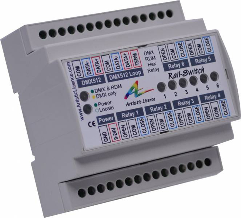 Artistic License notes that its Rail-Switch remote control product has undergone a significant upgrade. Rail-Switch provides 6 DMX/RDM controlled mains voltage relays in DIN rail format, enabling automated switching of a broad range of devices. The product now features prominent LED indicators for data, power, RDM locate and individual relay state, plus three different operational modes.