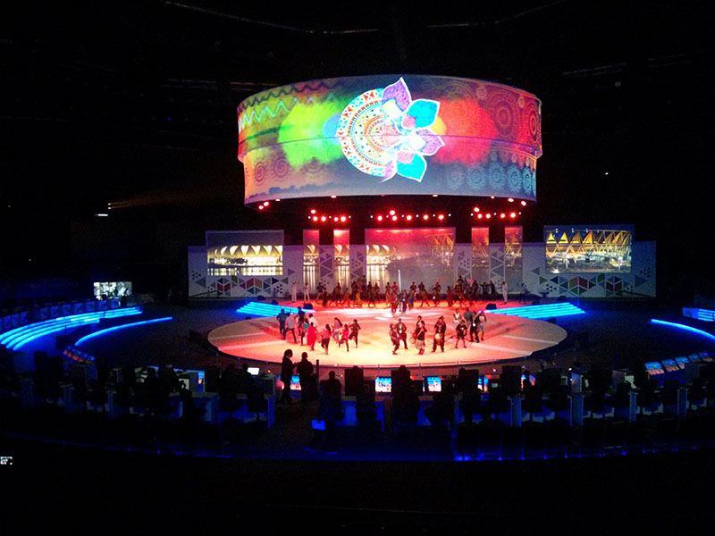 For the opening ceremony at the 3rd India-Africa Forum Summit, held Oct. 26-29 at the Indira Gandhi Stadium Complex in New Delhi, Modern Stage Service used 30 Christie Roadster HD20K-J 3DLP projectors.