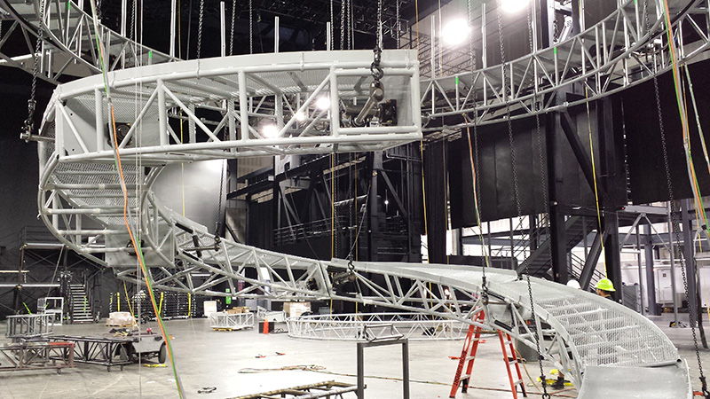 AMC Fabrication designed and built a spiral truss ramp for motorbikes to ride up and jump off of for the Marvel Universe Live! show.