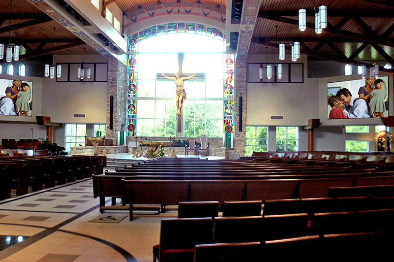 For St. Mark The Evangelist Catholic Church, Magnum Audio Group, Inc. provided two Eiki LC-HDT700 7000 lumen ANSI projectors. Magnum Audio president Randi Crooks credited the projectors' 3LCD+One technology as a key advantage in terms of color saturation for a wide range of applications.