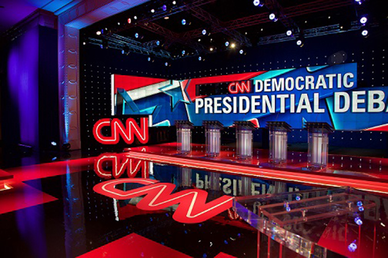 When a worldwide audience tuned into the CNN Democratic Party presidential debate in Las Vegas, not only were they seeing possibly the next American president, they also saw over 320 Christie MicroTiles displaying graphics behind each presidential hopeful. Photo courtesy CNN