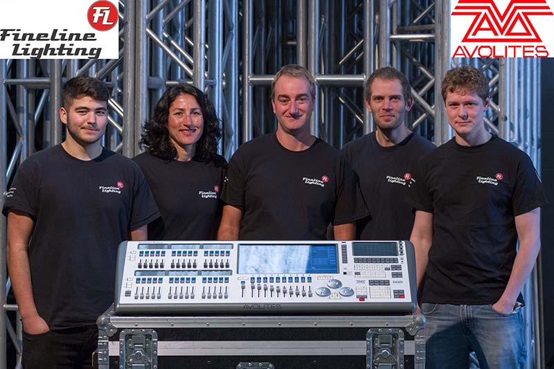 The Fineline Lighting team with their Avolites Arena console, model number 001. L-R: Ben DeSousa, Sevim Sangwell, Rob Sangwell, Stuart England, Will Dale.