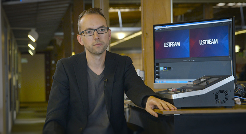 Alden Fertig, Ustream's Senior Director of Product & Customer Success, with the Roland VR-50HD Multi-Format AV Mixer.