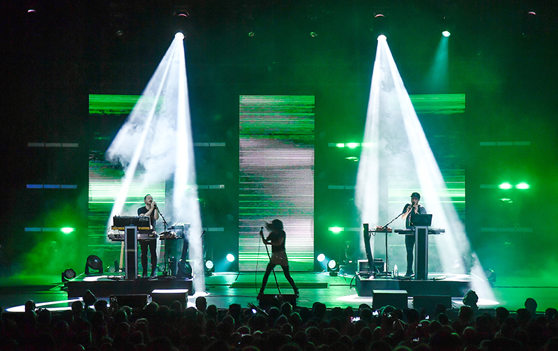 Dueling keyboards flanked the singer. Chvrches 2016 tour photo by Steve Jennings