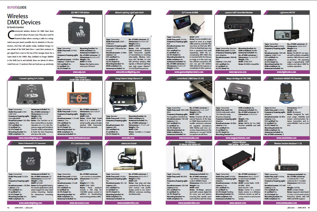 Buyers Guide on Wireless DMX Devices, PLSN, June 2016