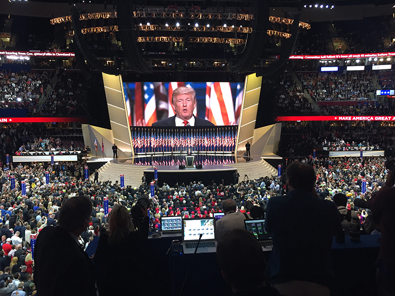 View from FOH of Donald Trump speaking at the Republican National Convention in Cleveland, photo courtesy RNC 2016