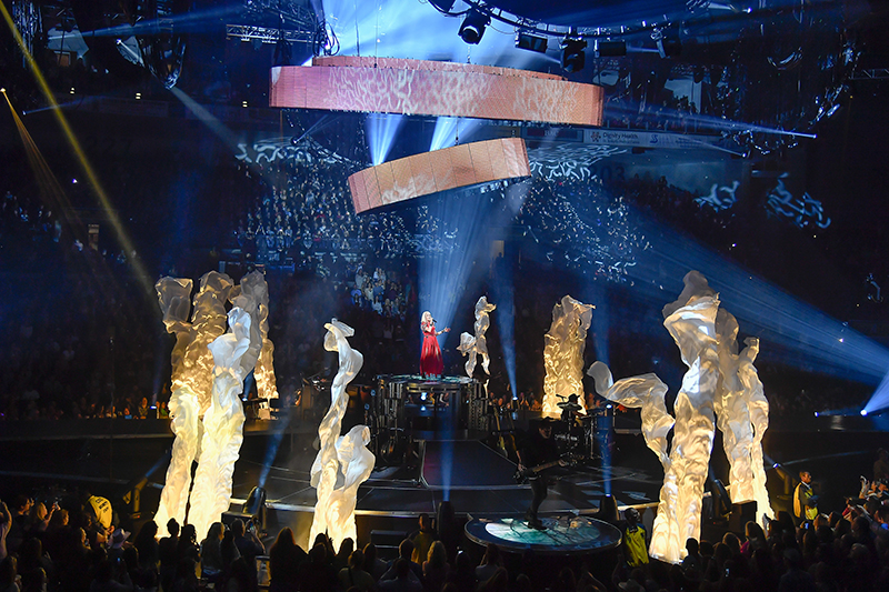 Elaborate touches during the show include billowing soft goods. DAS Designworks supplied the props. Carrie Underwood tour photo by Steve Jennings