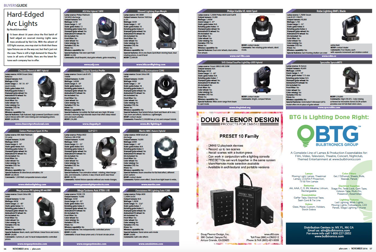 PLSN Nov 2016 Buyers Guide - Hard-Edged Arc Lights