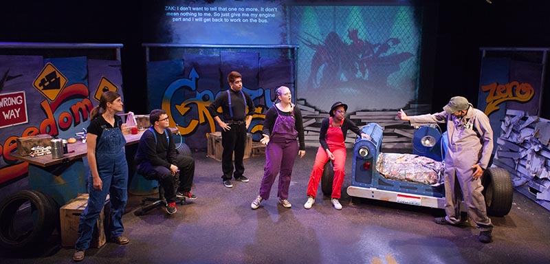 From left, Allison Skurtveit, Wolfgang Staley, John Gonzalez, Hannah Haldeman and Amari Smith watch Perseus McDaniel tell a story in NTID’s Tales from the Deaf Side. Captions on the set’s back wall let the hearing audience follow the story as well. Photos by Nic Minetor