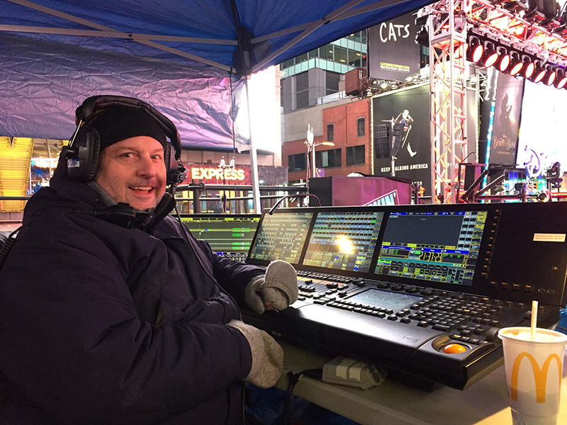 Paul Sonnleitner keeping warm at his console position in Times Square for New Year’s Eve.