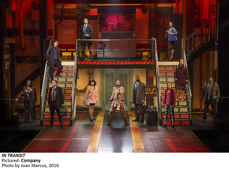 The cast of In Transit both blend in and stand out among the colorful set designed by Donyale Werle and lit by Don Holder. Photo by Joan Marcus