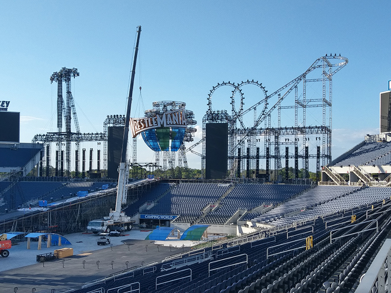 Key components included the wrestling ring, audience lighting, entrance way, Globe, Free Fall towers, Roller Coaster and WrestleMania sign.